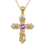 14K Gold Plated Round Cubic Zirconia Filigree Rose Cross Necklace for Women