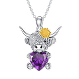 Sterling Silver Heart Birthstone Highland Cow Pendant Necklace