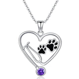 Sterling Silver Birthstone Veterinary& Dog Paw  Pendant Necklace