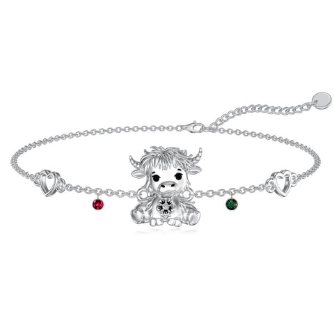 Sterling Silver Birthstone Highland Cow Single Layer Anklet