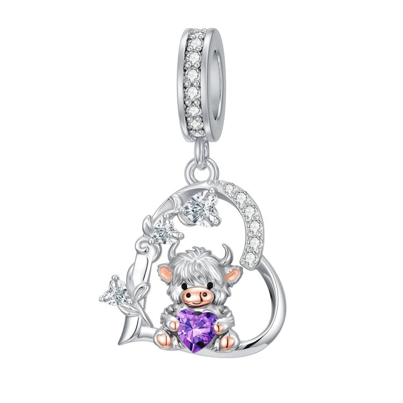 Sterling Silver 12 Month Birthstone Highland Cow Charm Beads
