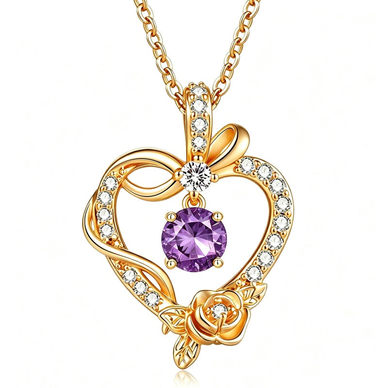14K Gold Plated Round Birthstone Rose Flower Pendant Necklace for Women