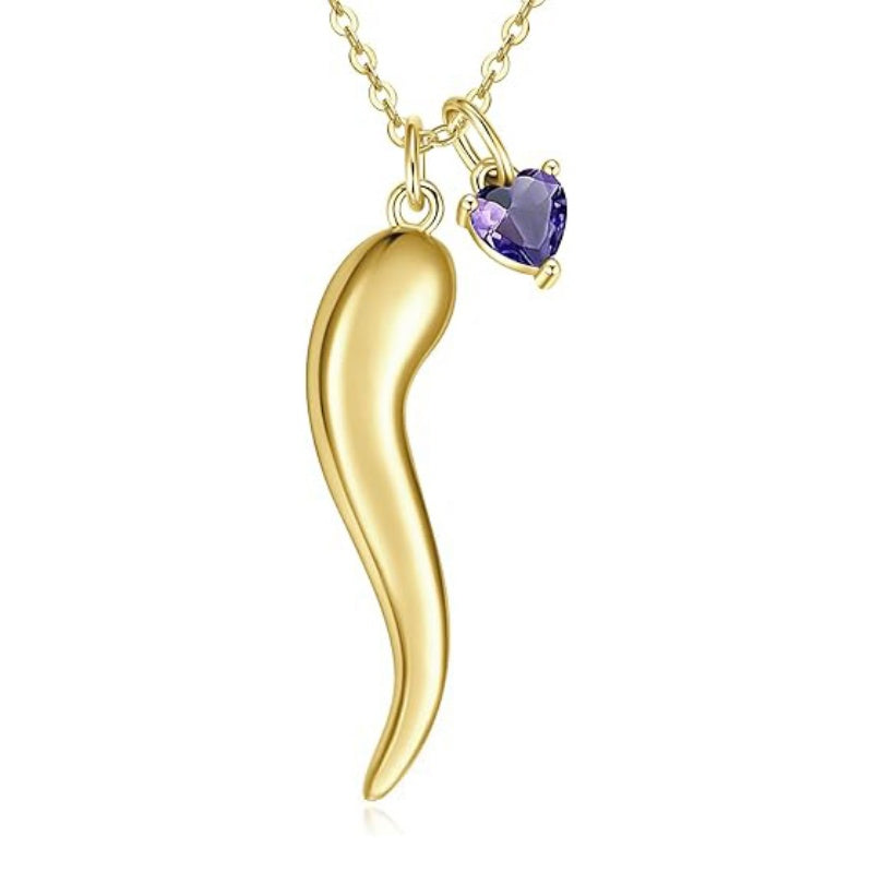 Heart Birthstone 14K Gold Plated Italian Horn Pendant Necklace Anniversary Birthday Gifts for Her