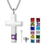 Stainless Steel Birthstones Cross Urn Necklaces for Ashes