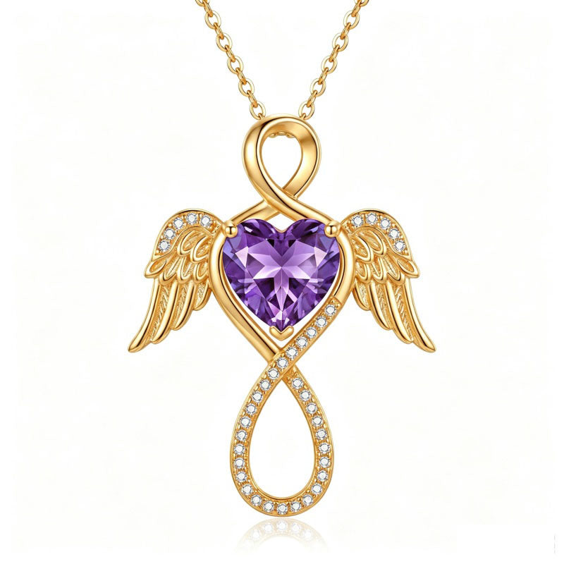 14K Gold Plated 12-Month Birthstone Infinity Angel Wings Pendant Necklace for Women