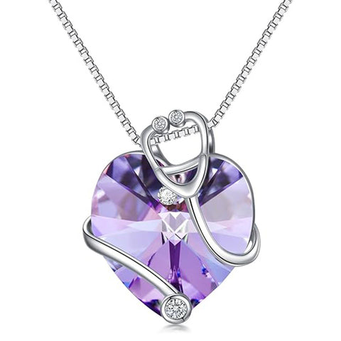 Sterling Silver Heart Crystal Stethoscope Pendant Necklace