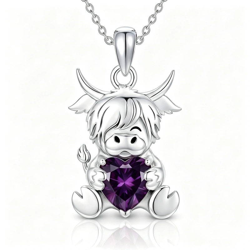 Sterling Silver Birthstone Highland Cow Pendant Necklace Birthday Christmas Gift