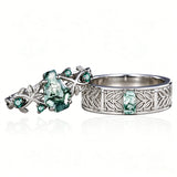 Sterling Silver 10K 14K 18K Gold Natural Leaf  Moss Agate Engagement Anniversary Couple Ring Sets