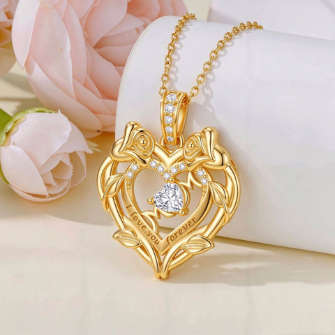 10K 14K 18K Gold Heart Rose Necklace I Love You Forever Heart Jewelry