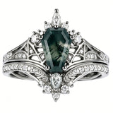 Sterling Silver 10K 14K  18K Gold Personalized Engraved Moss Agate Gothic Promise Wedding Engagement Black Ring Set