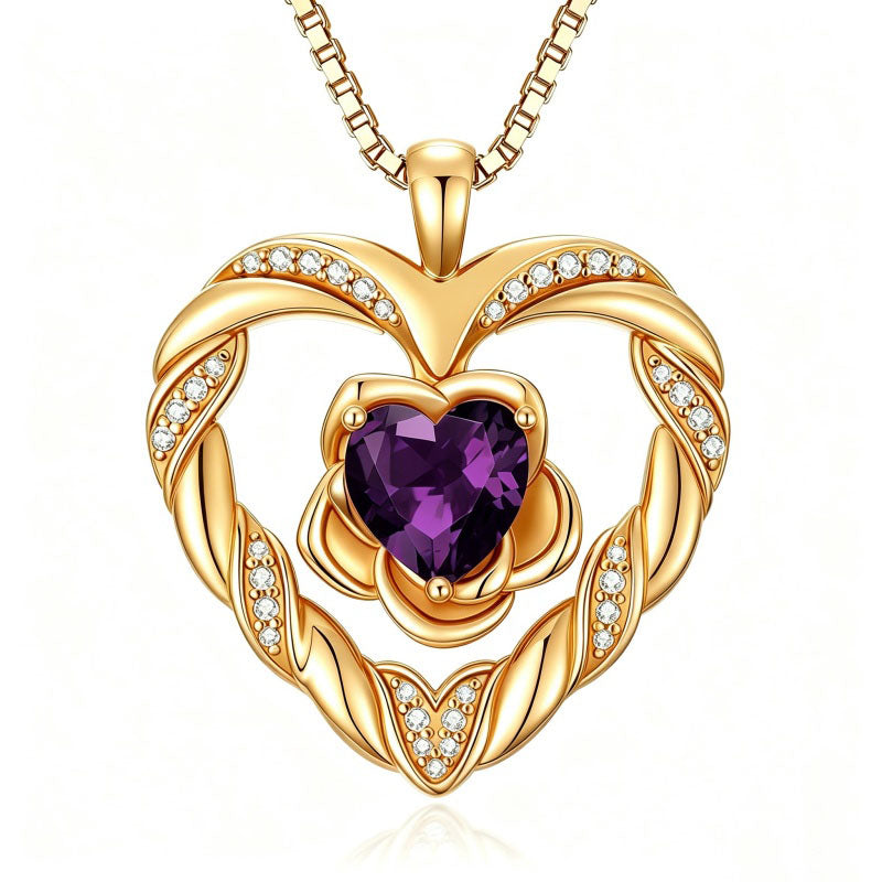 14K Gold Plated  Birthstone Rose Flower Heart Necklaces for Women  Birthday Christams Valentine's Day Jewelry Gift