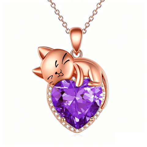 Sterling Silver Heart Birthstone Cat Pendant Necklace