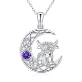 Sterling Silver 12 Months Birthstone Highland Cow Pendant Necklace