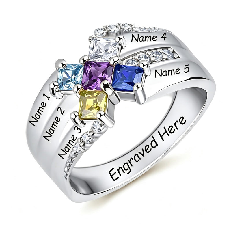 10K 14K 18K Gold Square Shaped Personalized 1-5 Birthstone  Family Mother's Ring Anniversary Ring for Women