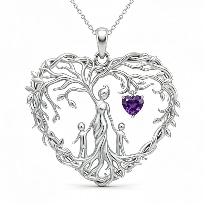 Sterling Silver Heart Pendant Birthstone Tree of Life Mother Child Family Necklace
