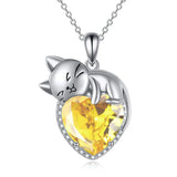 Sterling Silver Heart Birthstone Cat Pendant Necklace