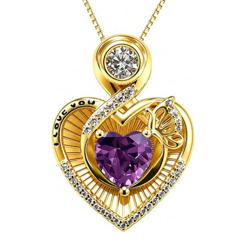 14K Gold Plated  Heart Birthstone Butterfly Necklace Engraved with  I Love You