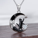 Sterling Silver Heart Birthstone Moon Star Black Cat Pendant Necklace