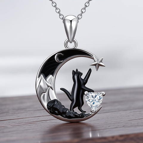 Sterling Silver Heart Birthstone Moon Star Black Cat Pendant Necklace