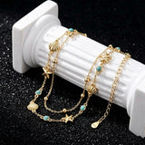 14K Gold Plated Turquoise Turtle Starfish Ocean Double Layered Anklet