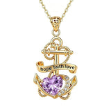 14K Gold Plated Heart Birthstone Anchor Necklace Engraved with Hope Faith Love