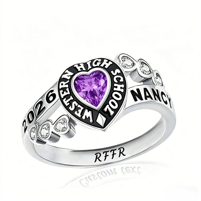 Sterling Silver Personalized Birthstone Engraved Class Rings for Women, College Senior High School Ring