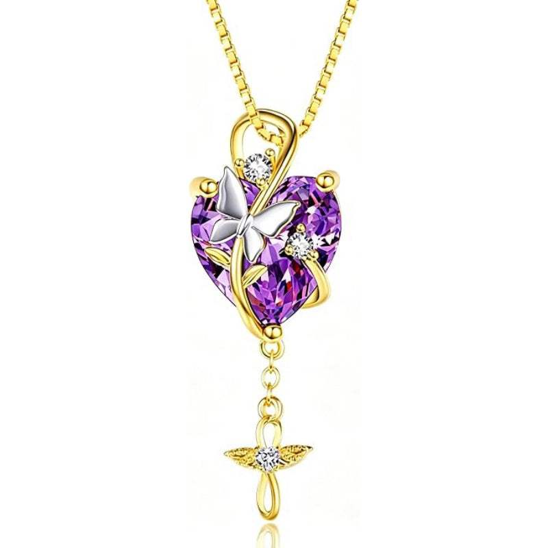 14K Gold Plated  Heart Birthstone Butterfly Infinity Angel WingPendant Necklace for Women