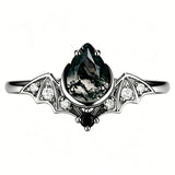 Sterling Silver 10K 14K  18K Gold Personalized Engraved Moss Agate Gothic Promise Wedding Engagement Black Ring Set