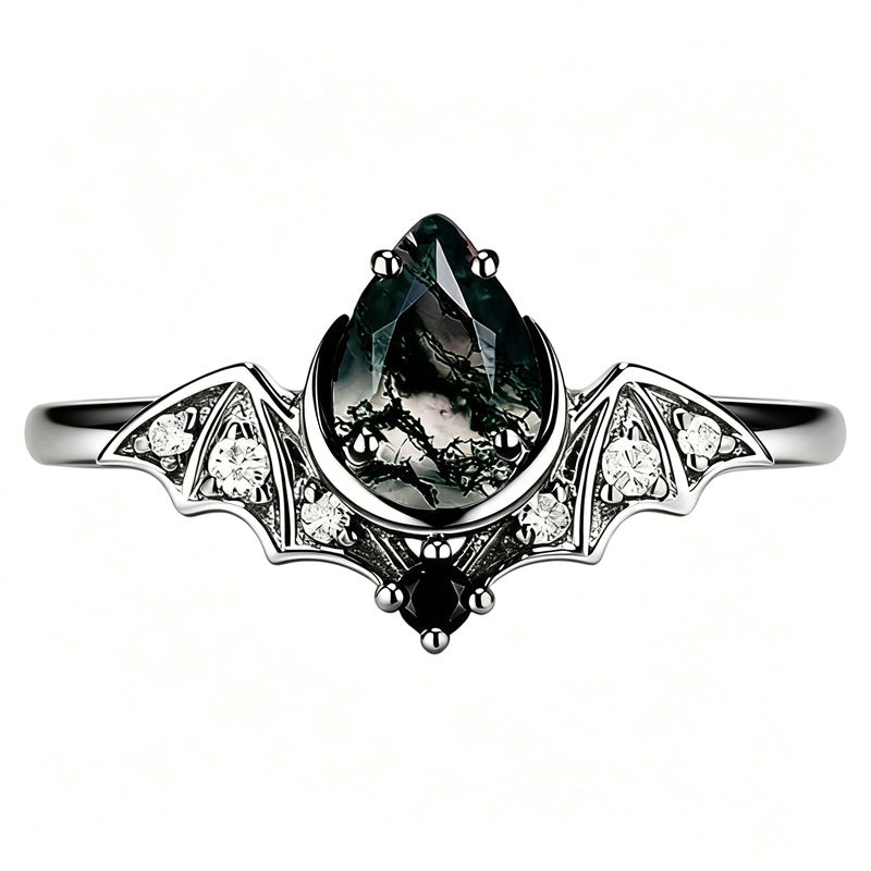 Sterling Silver 10K 14K  18K Gold Personalized Engraved Moss Agate Gothic Promise Wedding Engagement Black Ring Set