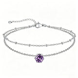 Sterling Silver  Round Birthstone Double Layer Charm Anklet