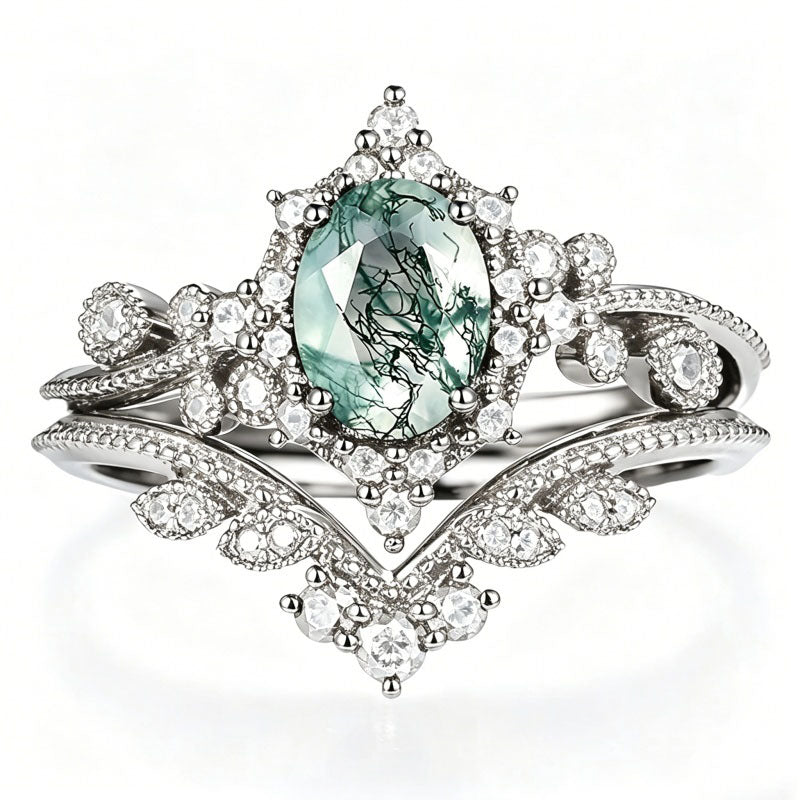 Sterling Silver 2CT Moss Agate  Engagement Wedding Ring Sets for Women