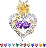Sterling Silver Double Heart Birthstone Sunflower Necklace Engraved with You Are My Sunshine