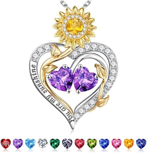 Sterling Silver Double Heart Birthstone Sunflower Necklace Engraved with You Are My Sunshine