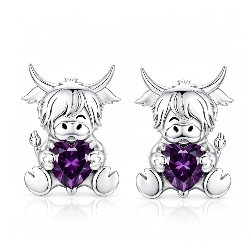 Sterling Silver 12 Month Birthstone Highland Cow Stud Earrings Christmas Gift