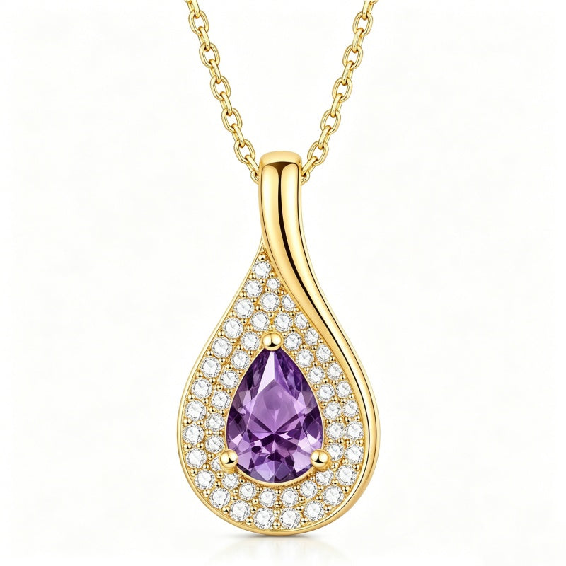 14K Gold  Plated 1CT Pear Teardrop Birthstone Pendant Necklace for Women