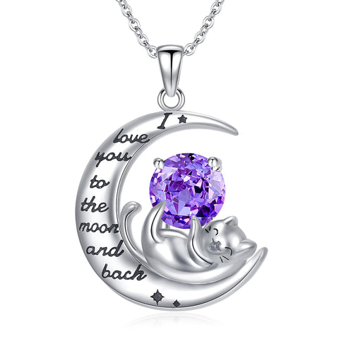 Silver Cat 12 Month Birthstone Pendant Necklace