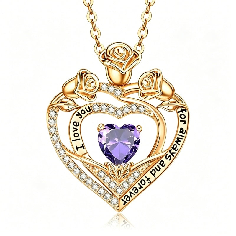 14K Gold Plated Rose Heart Birthstone Necklace for Women Engraved with I Love You for Always and Forever