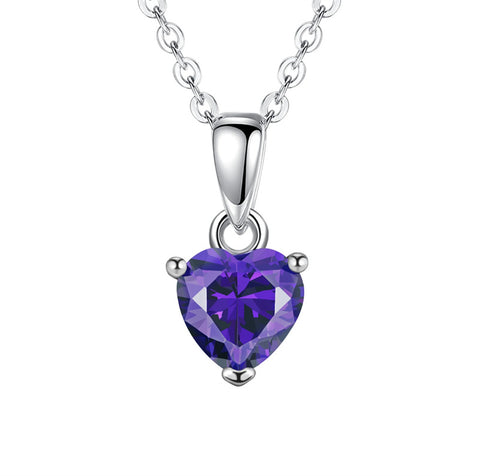 Sterling Silver Heart-Shaped 12 Month Birthstone Cubic Zirconia Pendant Necklace, Valentine's Day Gift