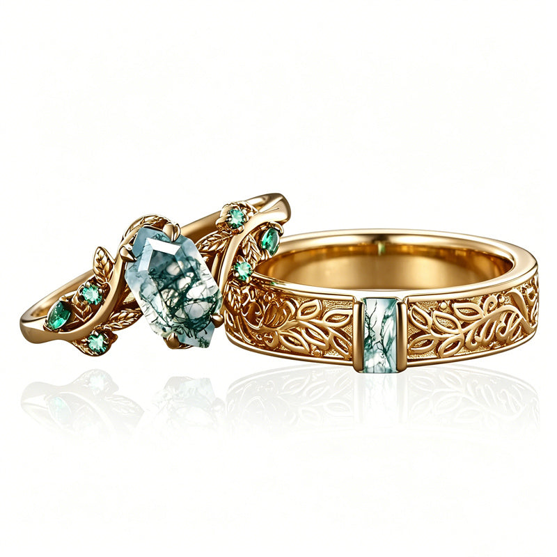Sterling Silver 10K 14K 18K Gold Natural Leaf  Moss Agate Engagement Anniversary Couple Ring Sets
