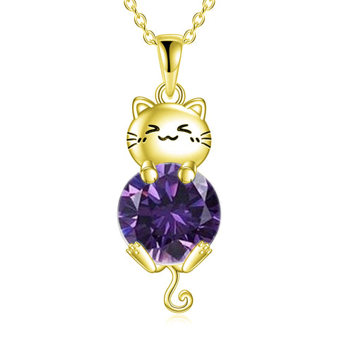 Silver Cat 12 Month Birthstone Pendant Necklace