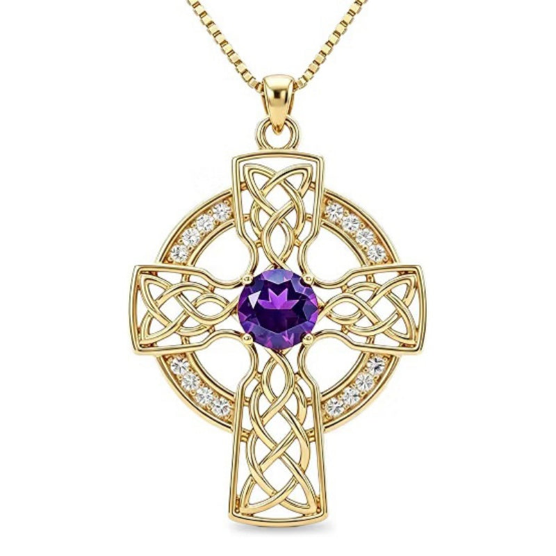 14K Gold Plated Birthstone Celtic Knotwork Cross Necklace for Women