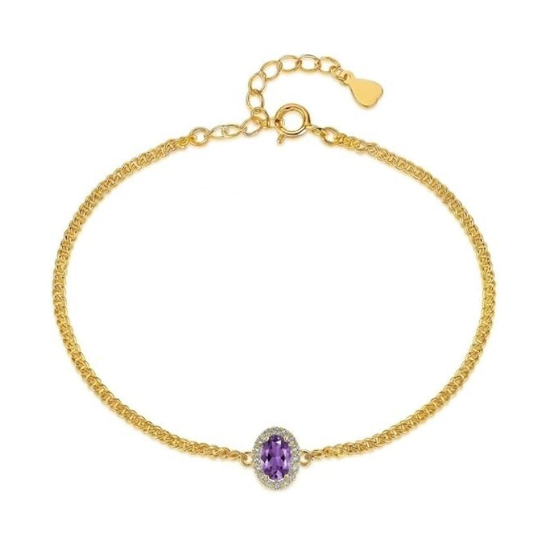 14K Gold Plated Halo Oval Birthstone Cuban Chain Bracelets for Her