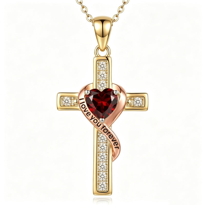 14K Gold Plated  Birthstone Cross Necklace Engraved I Love You Forever