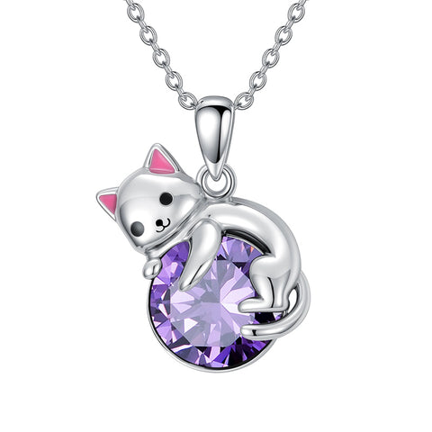Sterling Silver Cubic Zirconia  Cat Pendant Necklace for Women