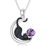 Sterling Silver Birthstone Moon Black Cat Pendant Necklace