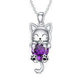 Sterling Silver Heart Birthstone Cat Pendant Necklace