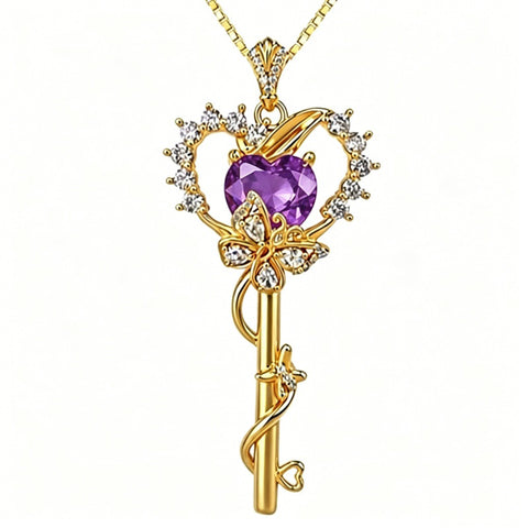 Birthstone Infinity Heart 14K Gold Plated Butterfly Key Pendant Necklace Gift for Her