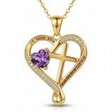 14K Gold Plated Heart  Birthstone Cross Necklace Engraved with I Love You Always and Forever