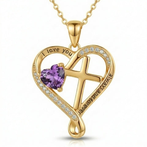 14K Gold Plated Heart  Birthstone Cross Necklace Engraved with I Love You Always and Forever