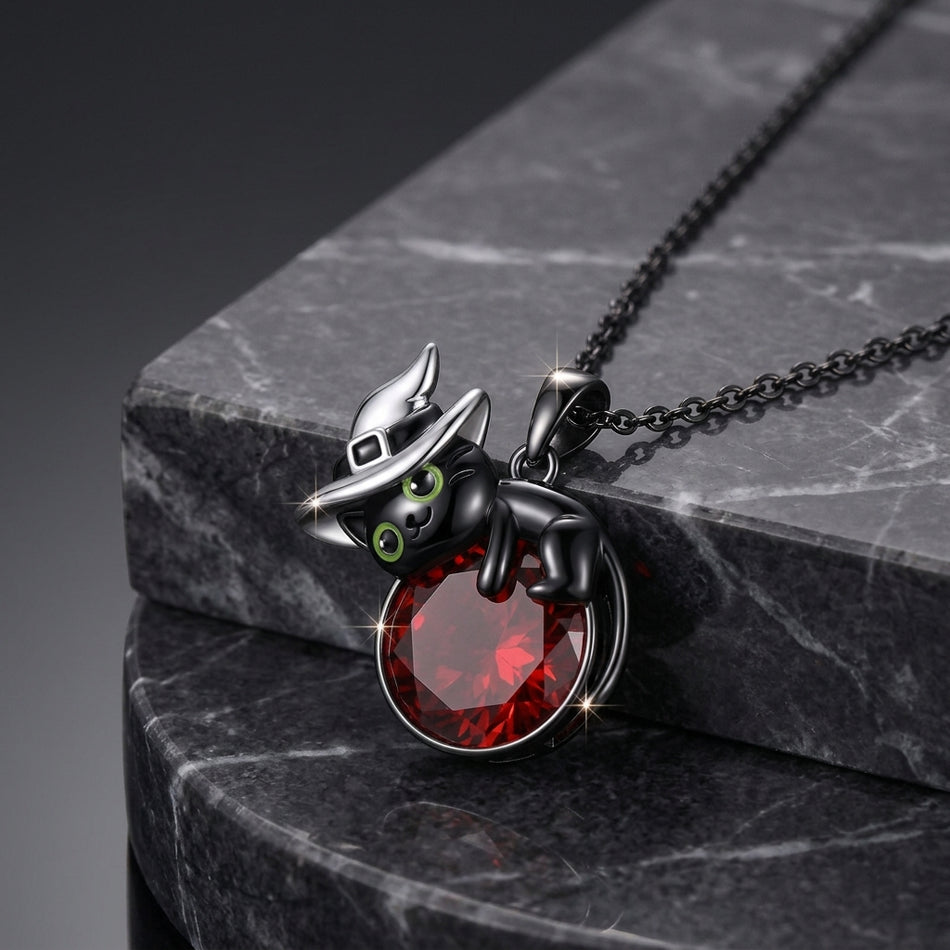Sterling Silver Birthstone Black Cat Pendant Necklace